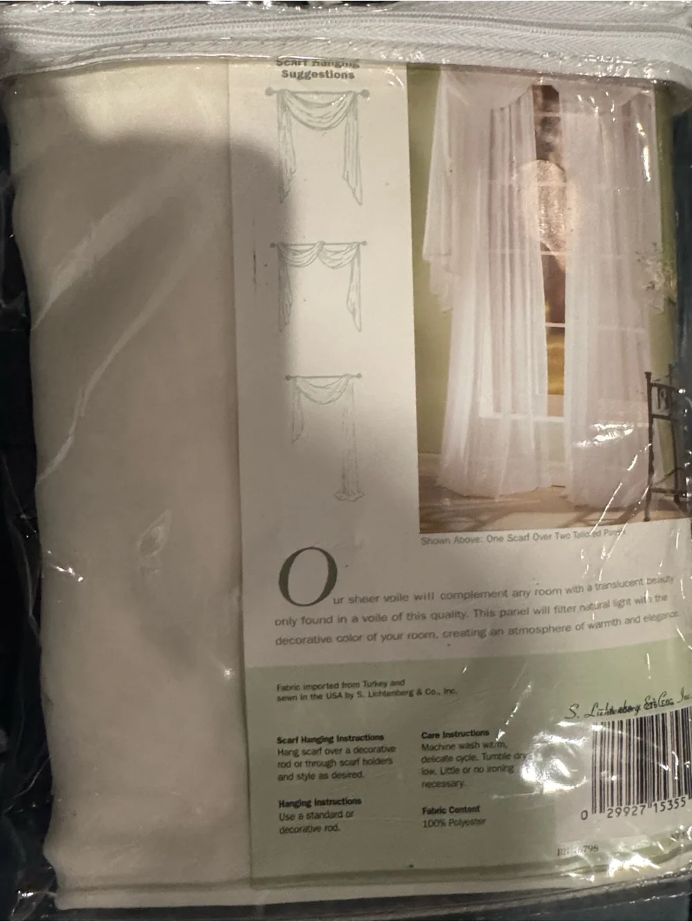 S. Lichtenberg Tangier Eggshell Sheer Window Scarf, 59” W x 216” L - NEW